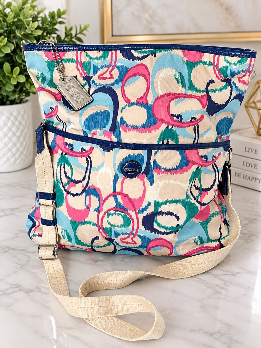 Coach Multicolor Circle Print Crossbody Bag - Navy Trim & Cream Strap